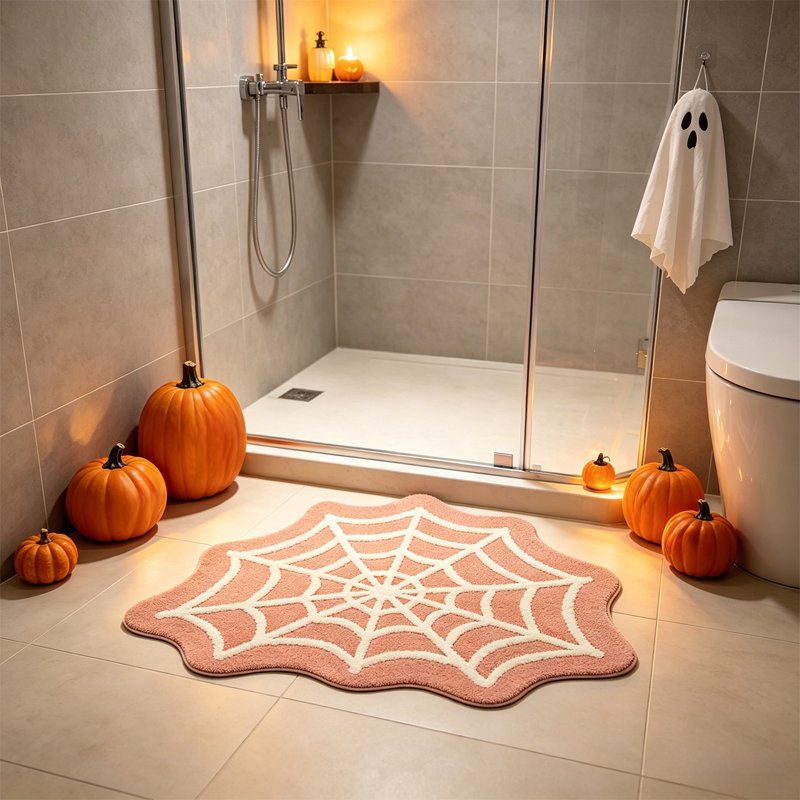 Beige Halloween Spiderweb Floor Mat - Non Slip Entryway & Bathroom Decor