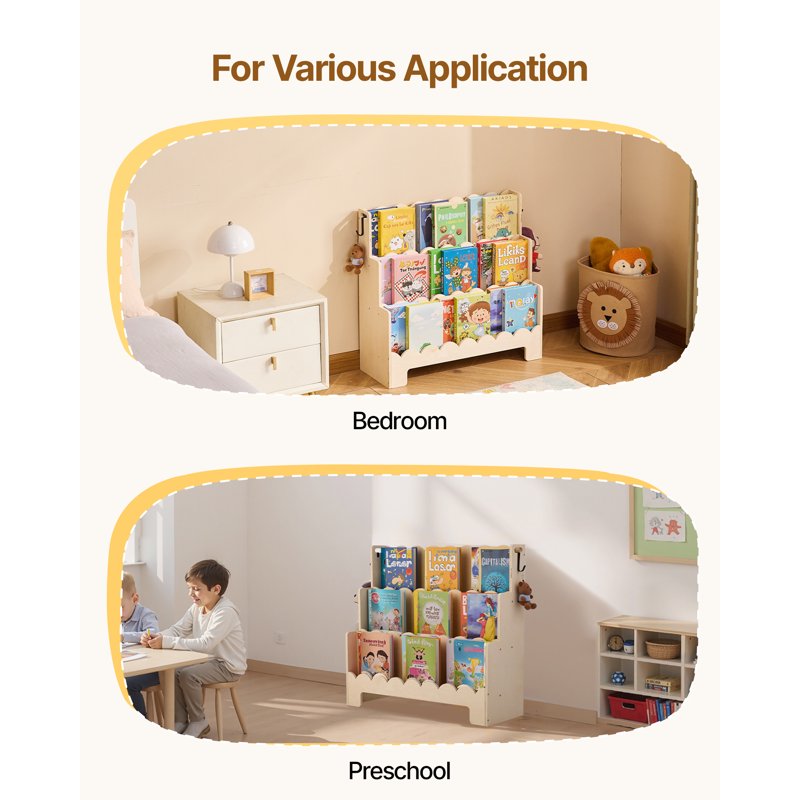 Montessori-Inspired 3-Tier Kids Bookshelf with Dual Hooks