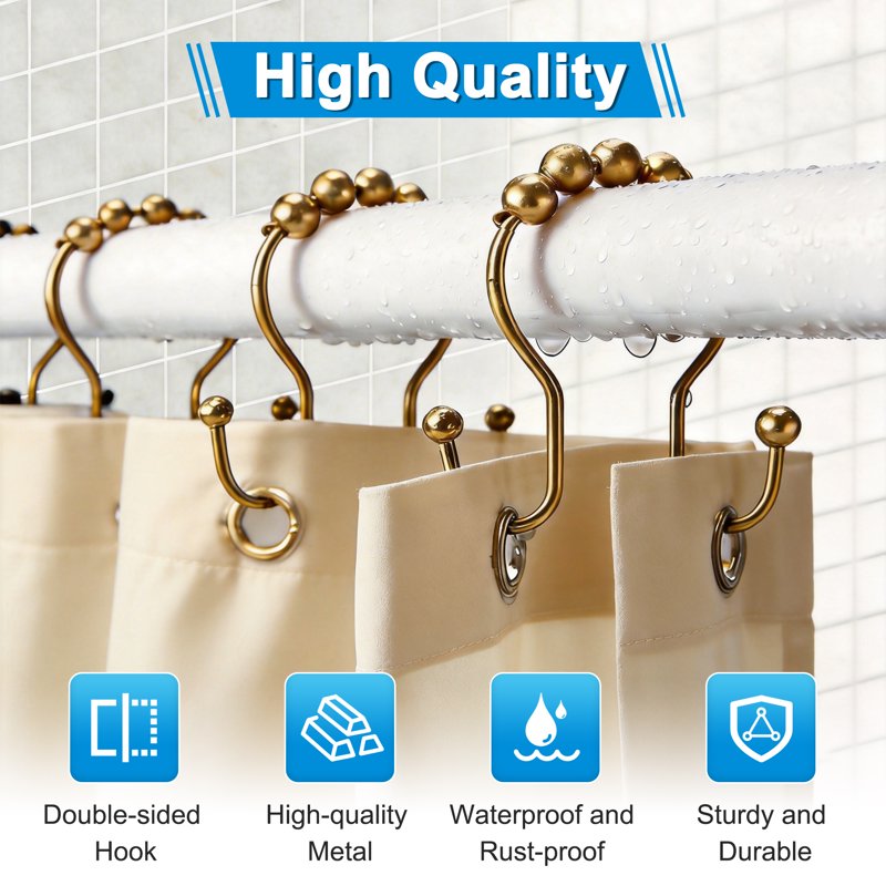 Rustproof Metal Shower Curtain Hooks Set of 12 with Beaded Rollers - No Drill Bathroom Rings