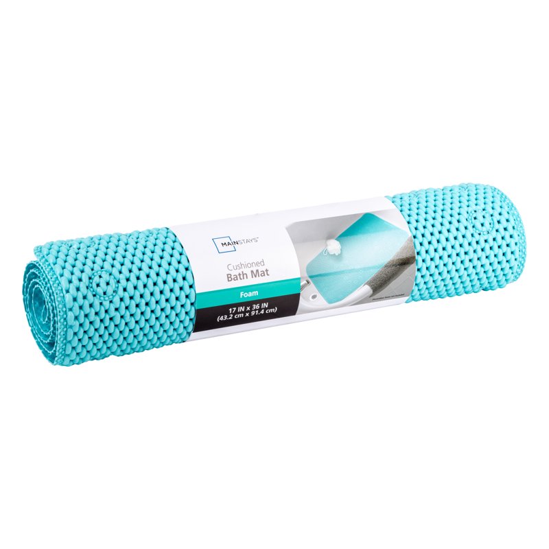 Aqua Blue Cushioned Foam Bathtub Mat with Suction Cups - 17 x 36 Inches - Mainstays