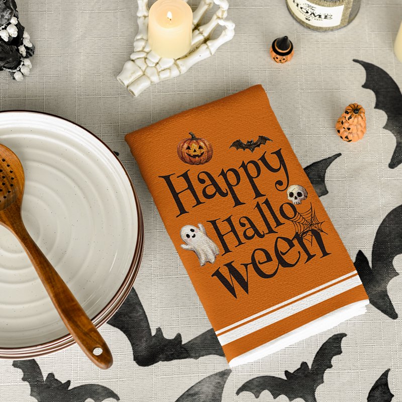 Halloween Kitchen Towels Set of 2 - Ghost and Pumpkin Bat 18x26 Inch Seasonal Dish Hand Towels - Farmhouse Decor