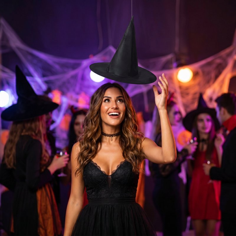 Halloween Witch Hat Set - Black Hanging Witches with Rope, 14-Inch, Variation #20
