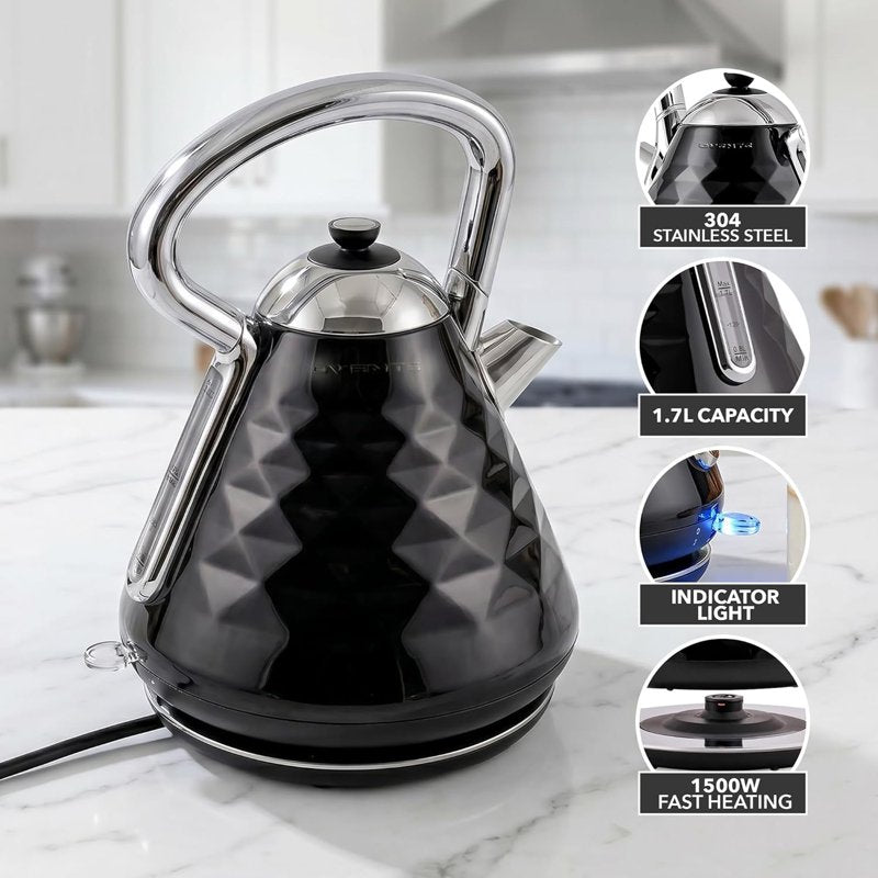 Stainless Steel Electric Tea Kettle 1.7L - Black, 1500W Fast Heating