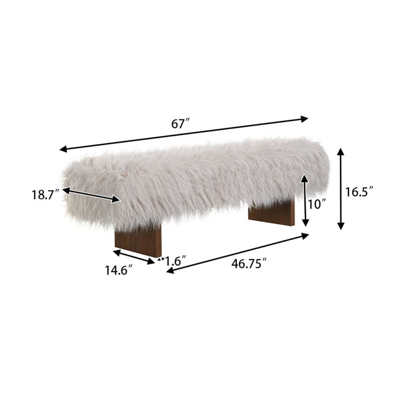 67" Wooden Bench with Long-Haired Faux Wool Upholstery - 3-Person Seat, Brown & White