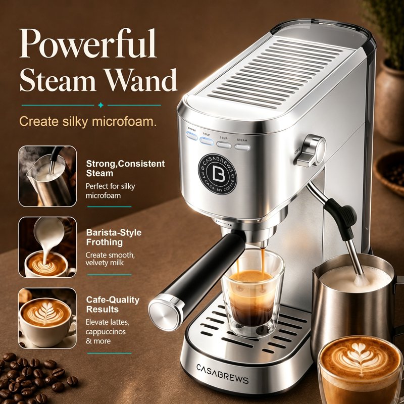 20-Bar Espresso Machine with Steam Wand - Compact Stainless Steel Coffee Maker