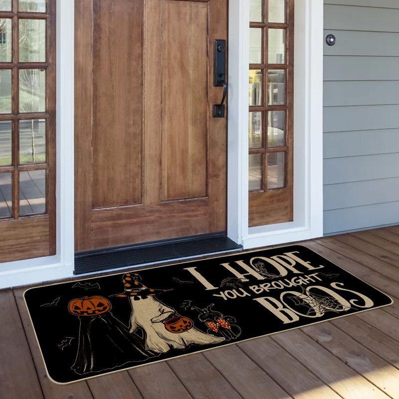 Halloween Jack-O'-Lantern Ghost Doormat 17x47 Inch - Black Seasonal Welcome Mat with Polka Dots & Cat Design - Variation D
