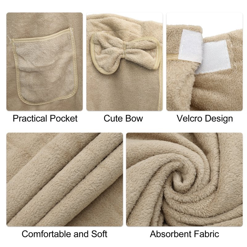 Women's Beige Bath Wrap Towel with Pocket & Adjustable Closure