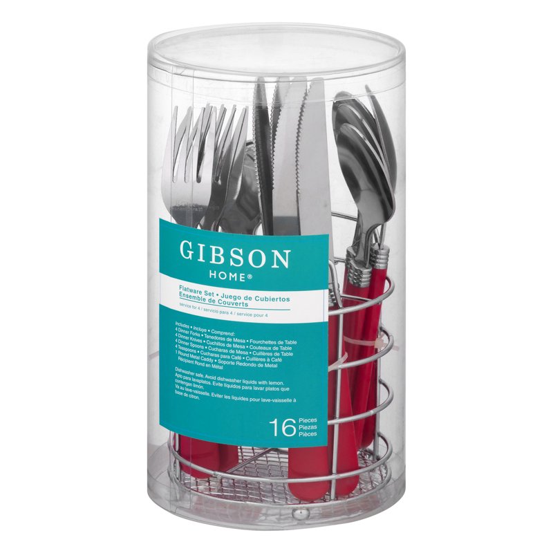 16-Piece Flatware Set with Wire Caddy - Red Plastic Handles