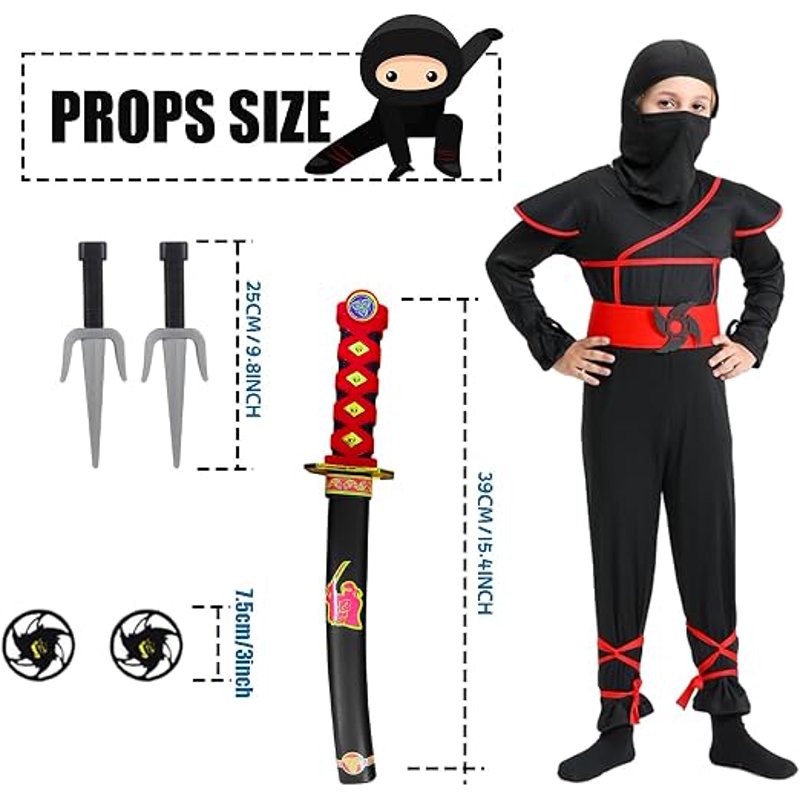 Kids Ninja Costume Set with Accessories - Red, Size L for Halloween & Cosplay