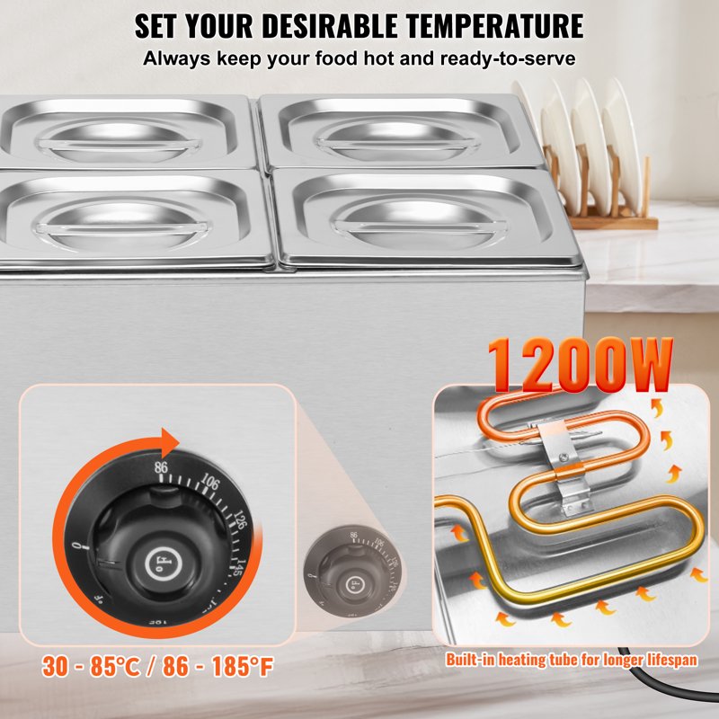 24QT Electric Food Warmer - 5-Pan Stainless Steel Buffet Bain Marie