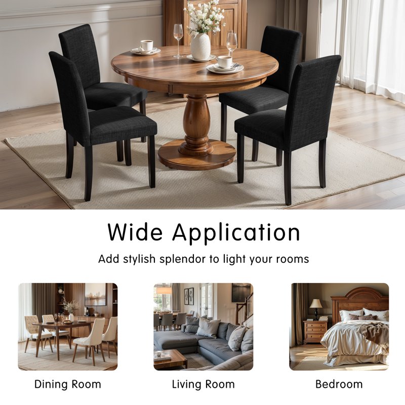 Set of 2 Linen Upholstered Dining Chairs with Solid Wood Legs - Black