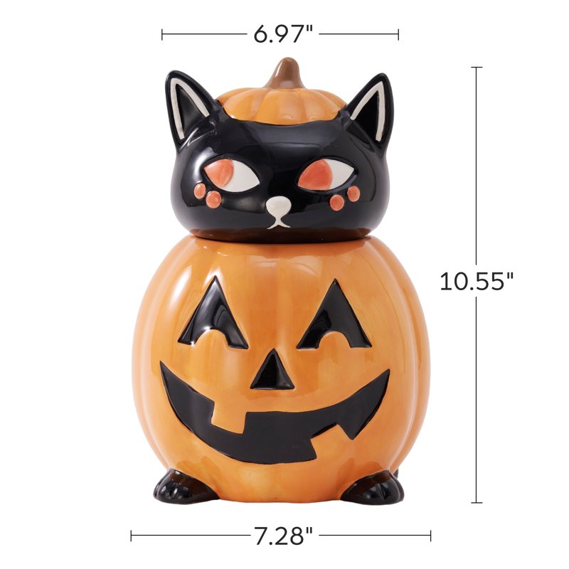 Halloween Pumpkin Cat Ceramic Cookie Jar - 2.17 qt