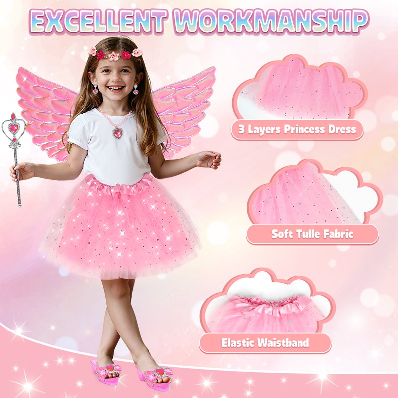 Toddler Girl Princess Dress Up Set with Wings Jewelry Shoes - Birthday Gift for 3-6 Years