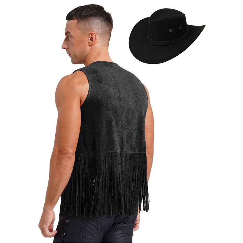 Men's Western Cowboy Costume Set with Tassel Rivet Waistcoat & Wide Brim Hat - Black, Large