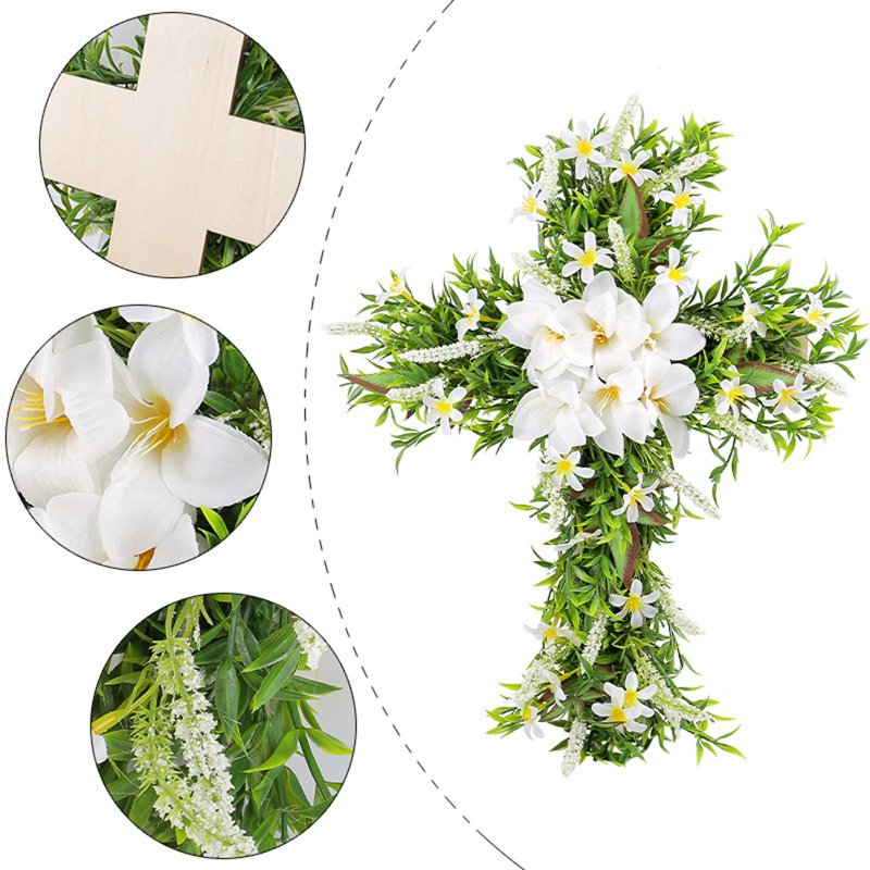 Easter Front Door Wreath Cross - Rustic Farmhouse 19.7 Inch Easter Decoration - Variation D