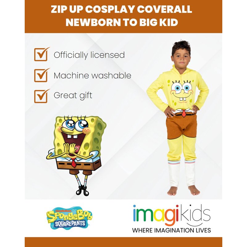 Kids SpongeBob SquarePants Zip Up Cosplay Costume Coverall 6-12 Months - Yellow