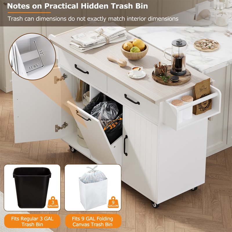 Mobile Kitchen Island Cart with Drop Leaf & Trash Can - White