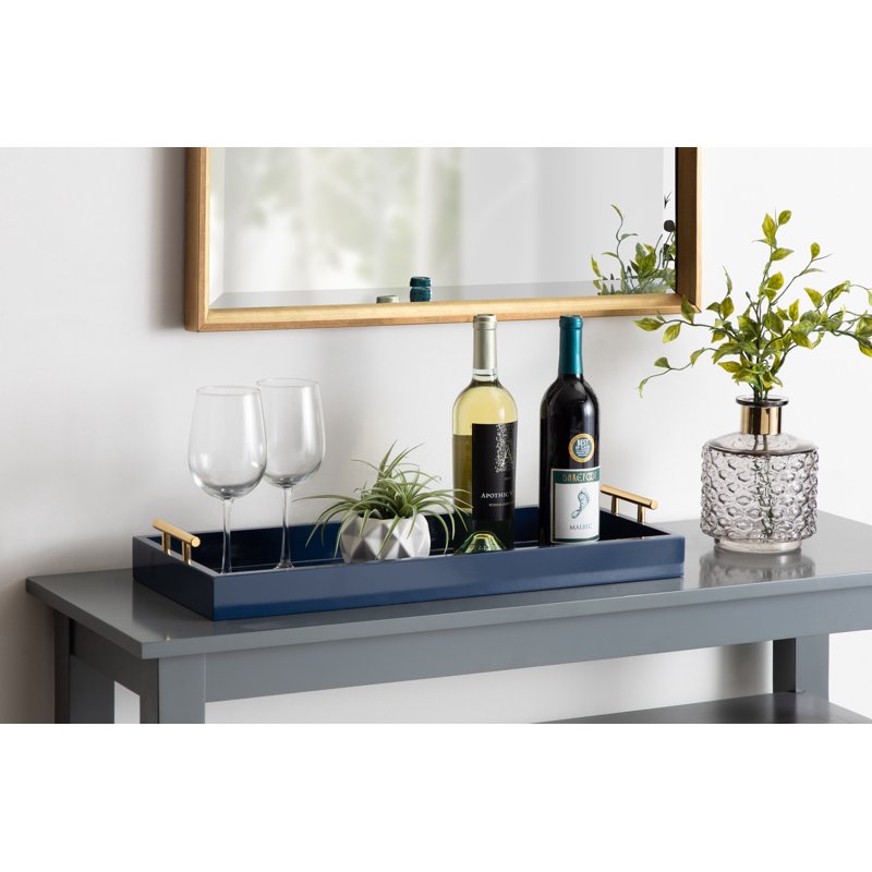 Narrow Decorative Tray with Metal Handles - 10" x 24" - Navy Blue & Gold