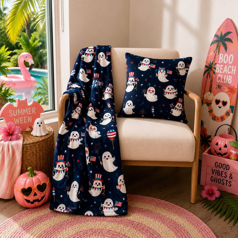 Patriotic Ghosts Plush Decorative Pillow - Summerween 18x18 Inch Throw Pillow
