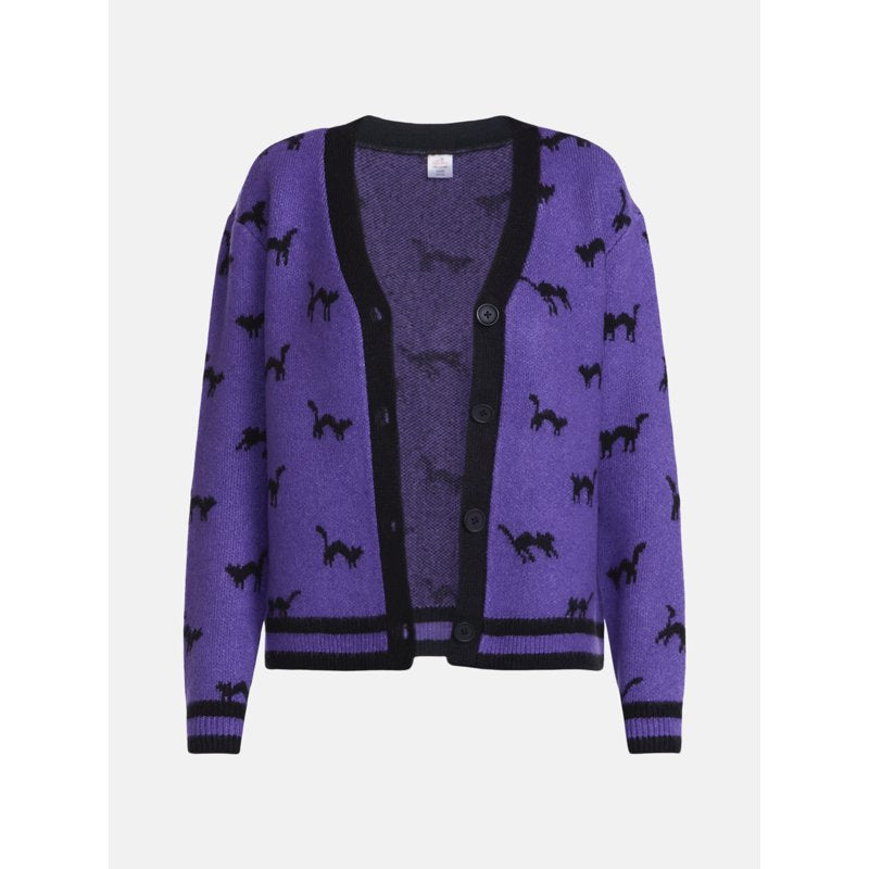 Women's Halloween Black Cat Cardigan Sweater - L Variation