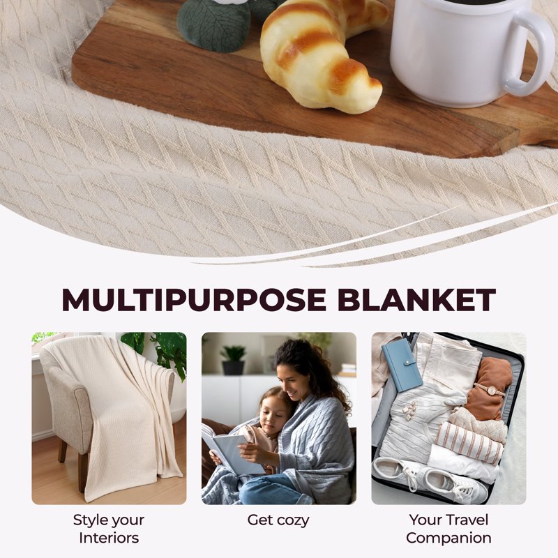 All-Season Cotton Bed Blanket - Full/Queen Ivory Diamond Weave