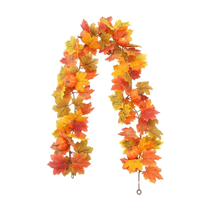 Fall Maple Leaf and Rattan Garland for Halloween & Thanksgiving - Orange, Variation #04
