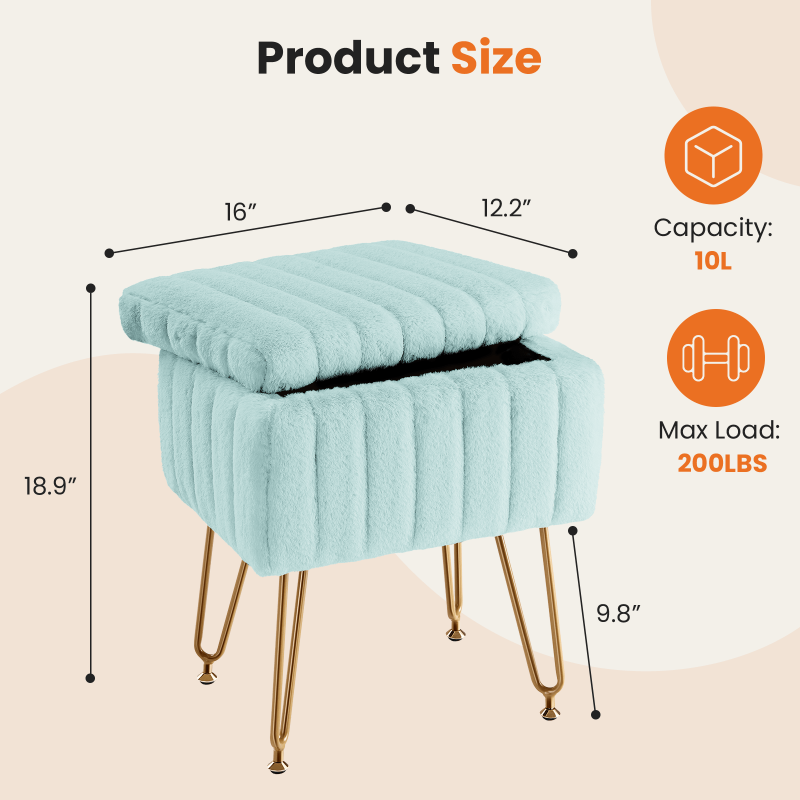 Ottoman Vanity Stool Chair with Storage - Mint Green Faux Fur