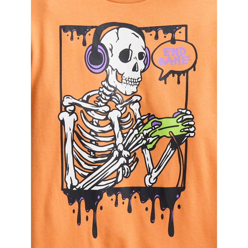 Halloween Boys Graphic T-Shirt with Short Sleeves - Orange Yam Skeleton, Size 6-7