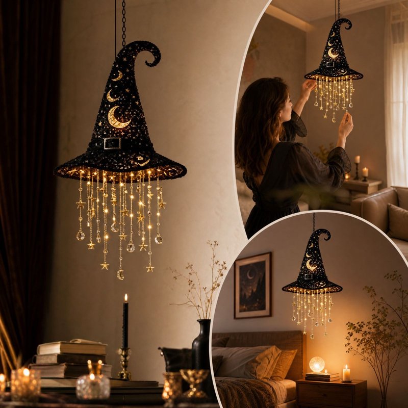Lighted Witch Hat Hanging Set - Moon Variation, 2 Pack Halloween Decor