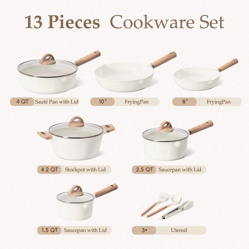 Nonstick Ceramic Cookware Set - 13 Pieces, White Granite Finish