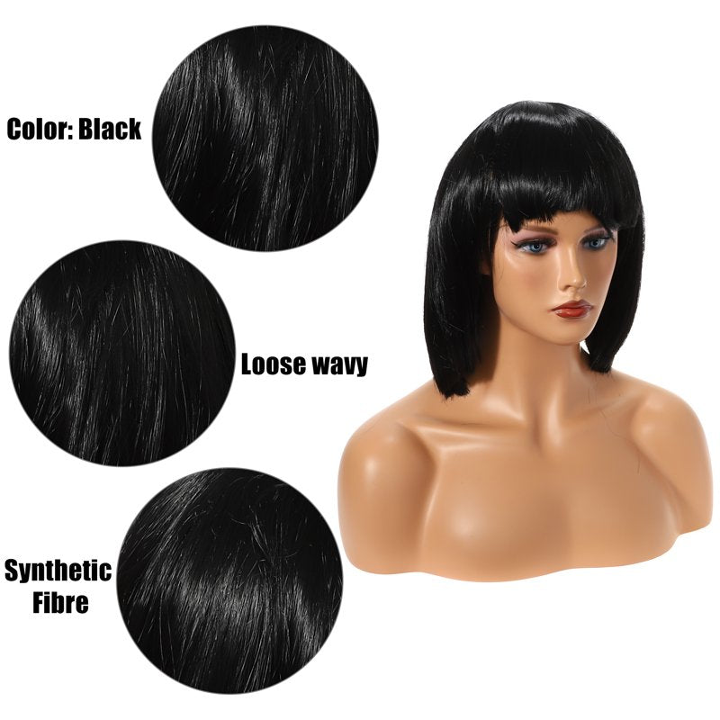 12-Inch Black Bob Wig for Women - Natural Human Hair Look