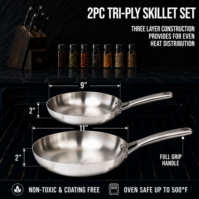 Tri-Ply Stainless Steel Frying Pan Set - 9" & 11" Skillets