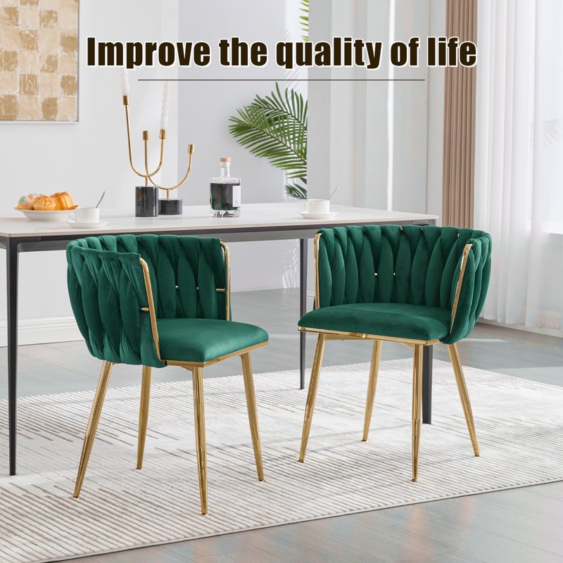 Velvet Dining Chairs Set of 2 - Green Upholstered with Metal Legs