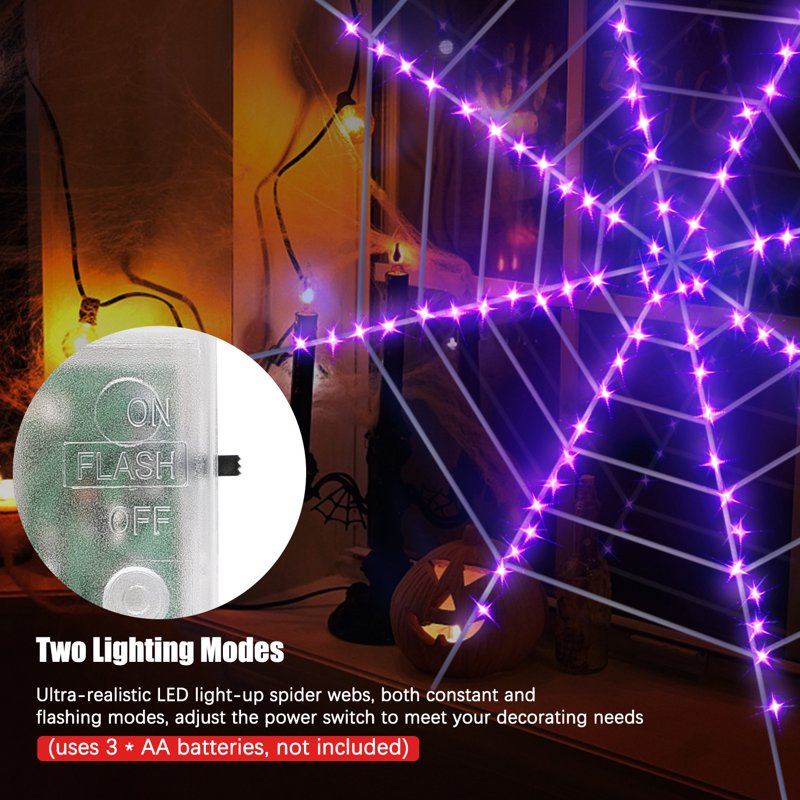 Halloween Spider Web Lights with Giant Spider - Battery Powered, Purple LED, 11.8ft, 4-Pack - White Variation