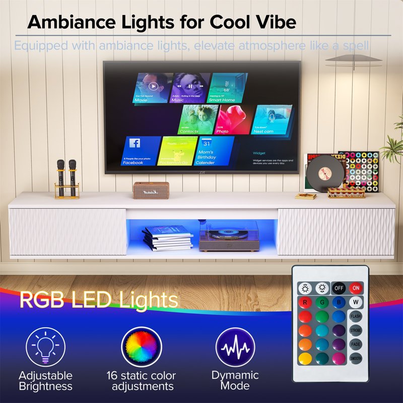 Modern LED Wall-Mounted TV Stand with Carved Surface - White
