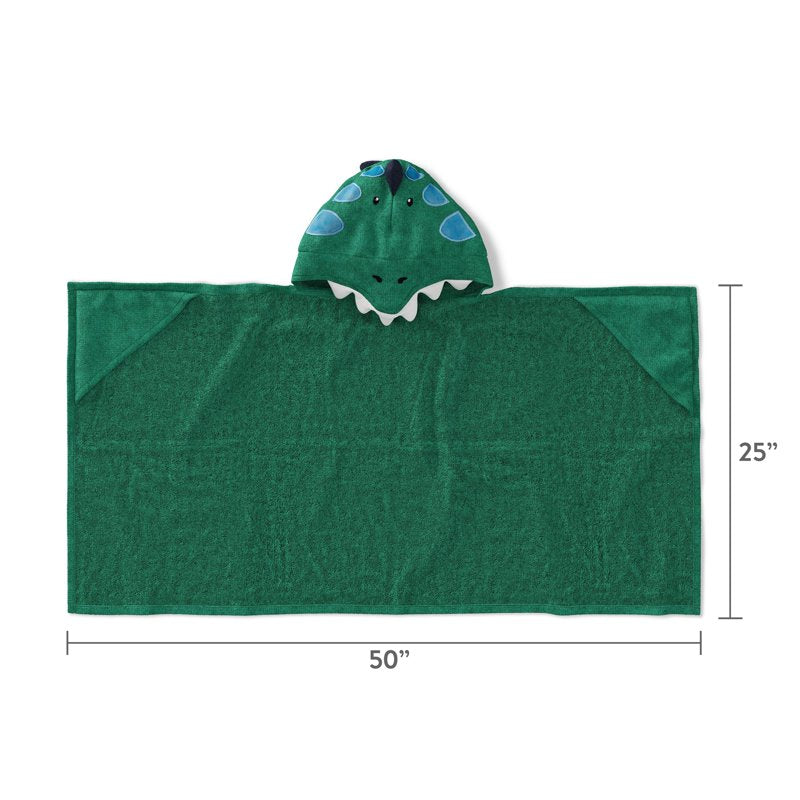 Kids Hooded Cotton Terry Bath Towel - Green Dino, 25x50 Inches