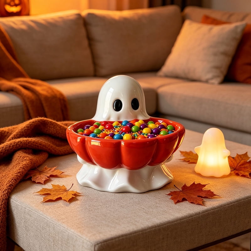 Halloween Ghost Pumpkin Candy Bowl - Cute Ceramic Ghost Figurine with Snack Dish - Variation #023