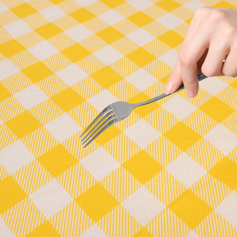 Elastic Fitted Vinyl Table Cover with Flannel Backing - Gingham Yellow, 6 ft
