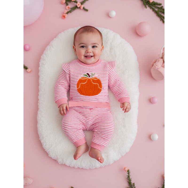 Toddler Girls Halloween Outfit Set - Embroidery Pumpkin Sweatshirt & Striped Pants, 18-24 Months - Style 31