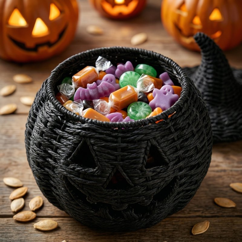 Halloween Pumpkin Jack-O'-Lantern Basket with Detachable Witch Hat Lid - 11 Inch