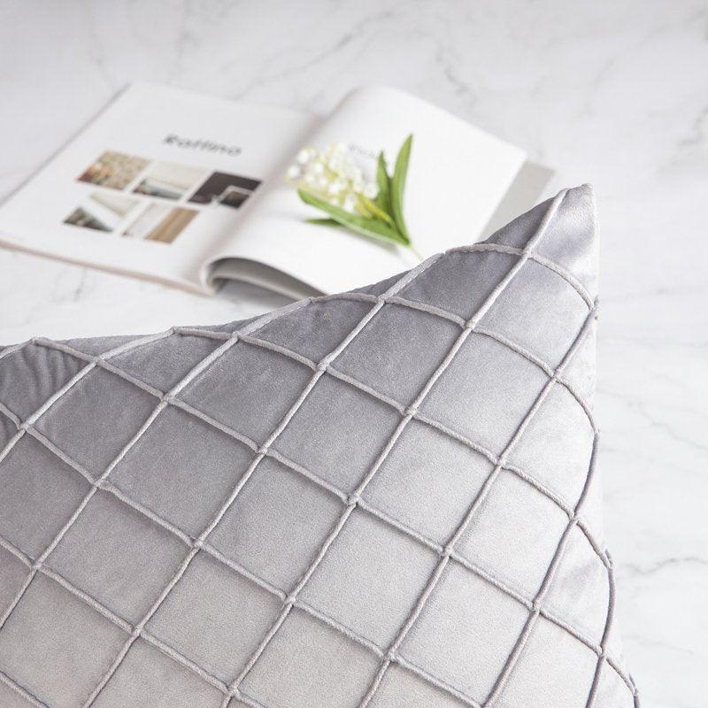 Light Grey Pleated Velvet Pillow Covers 18x18 Inch Set of 2 - Decorative Throw Pillow Cases for Couch & Bed