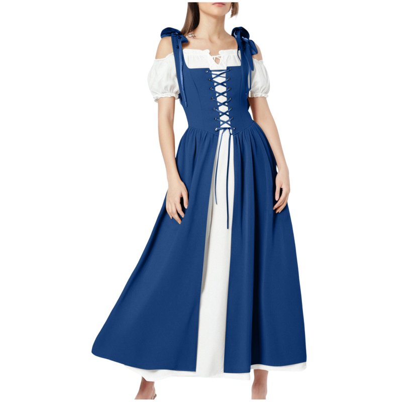 Medieval Renaissance Costume Dress Women Vintage Blue Maxi Dress XXL - AA Blue