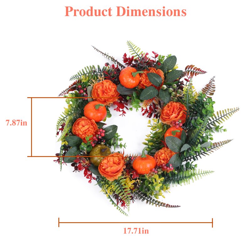 Fall Wreath for Front Door - 17.7in Halloween Autumn Decor with Pumpkins and Berries
