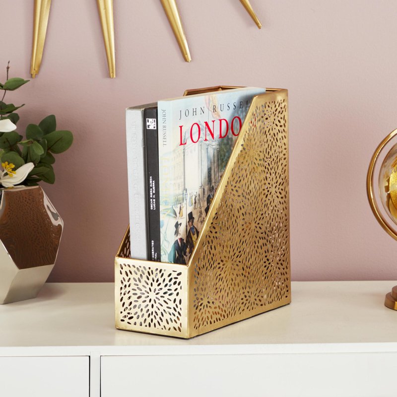 Gold Metal Floral Magazine Holder - 12-Inch Single Slot
