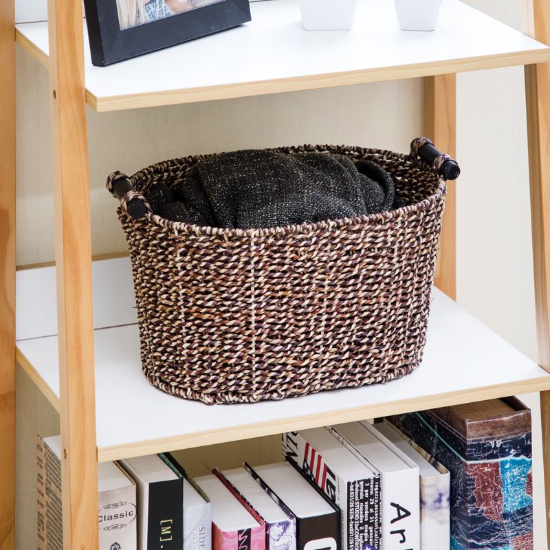 Single Oval Seagrass Storage Basket with Wooden Handles - Brown, 8.31x10x14.31 in