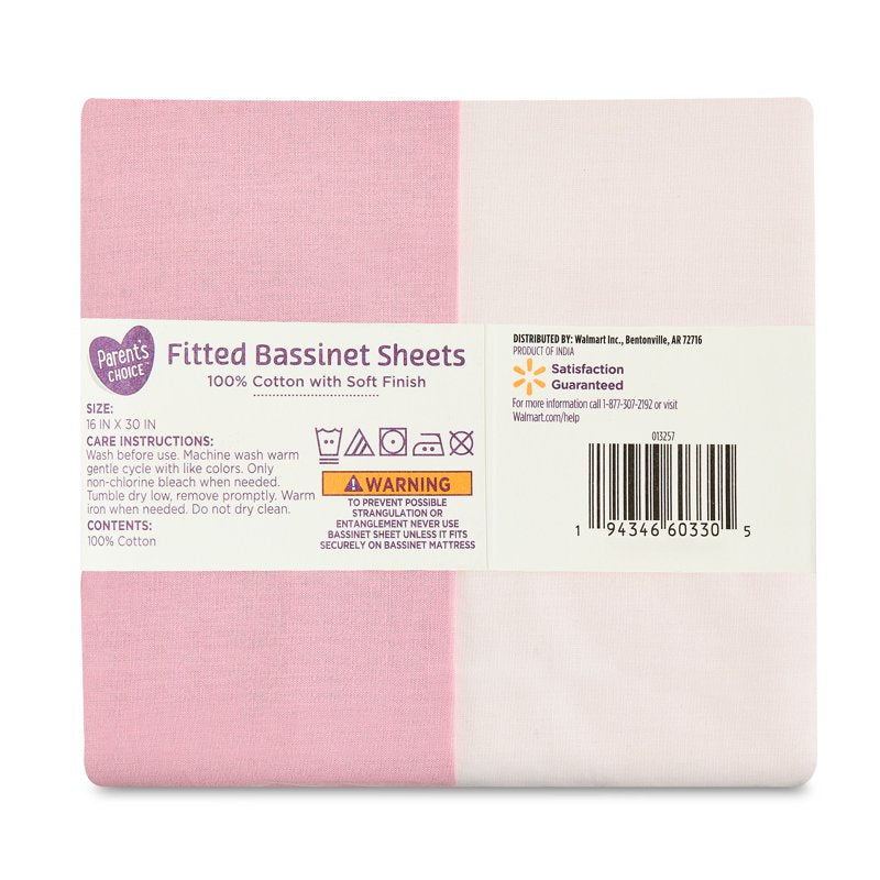Pink Cotton Fitted Bassinet Sheets 180 Thread Count - 2 Pack