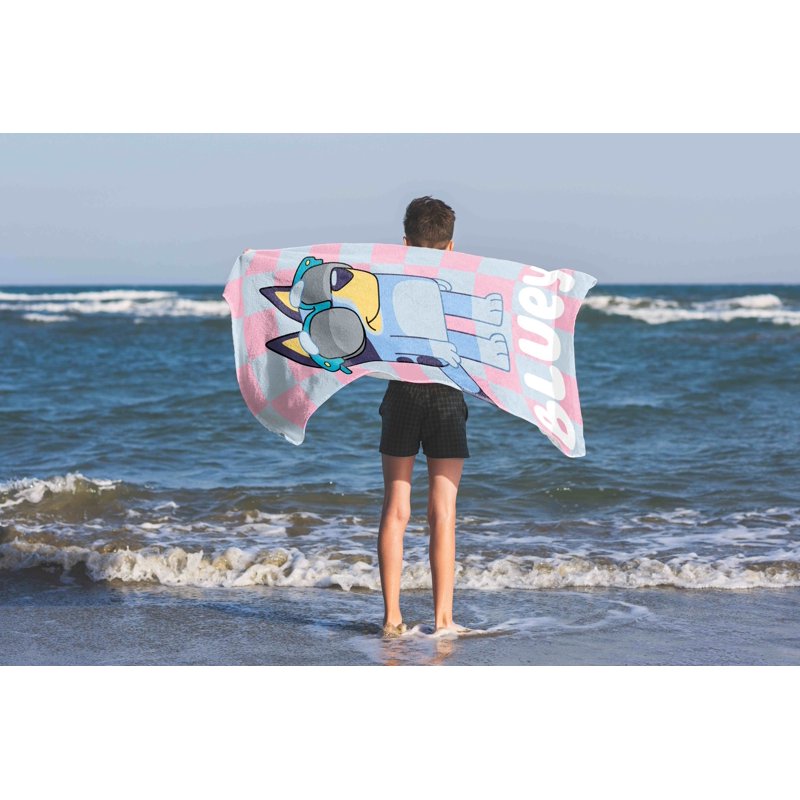 Bluey Cool Checks Kids Beach Towel 28x58 Inches Cotton - Light Blue & Pink