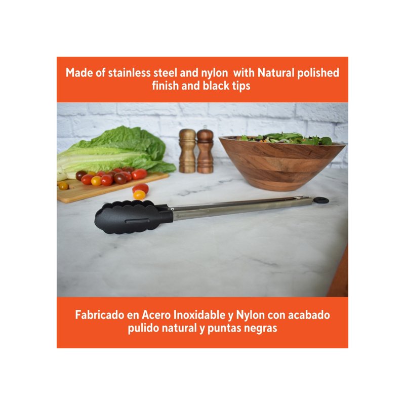 Stainless Steel Food Tongs with Nylon Tips - 9 Inch