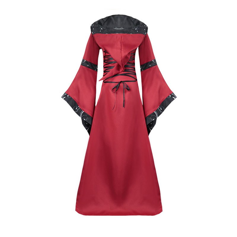 Women's Long Sleeve Gothic Splicing Dress - Halloween Cosplay XL Black+Red