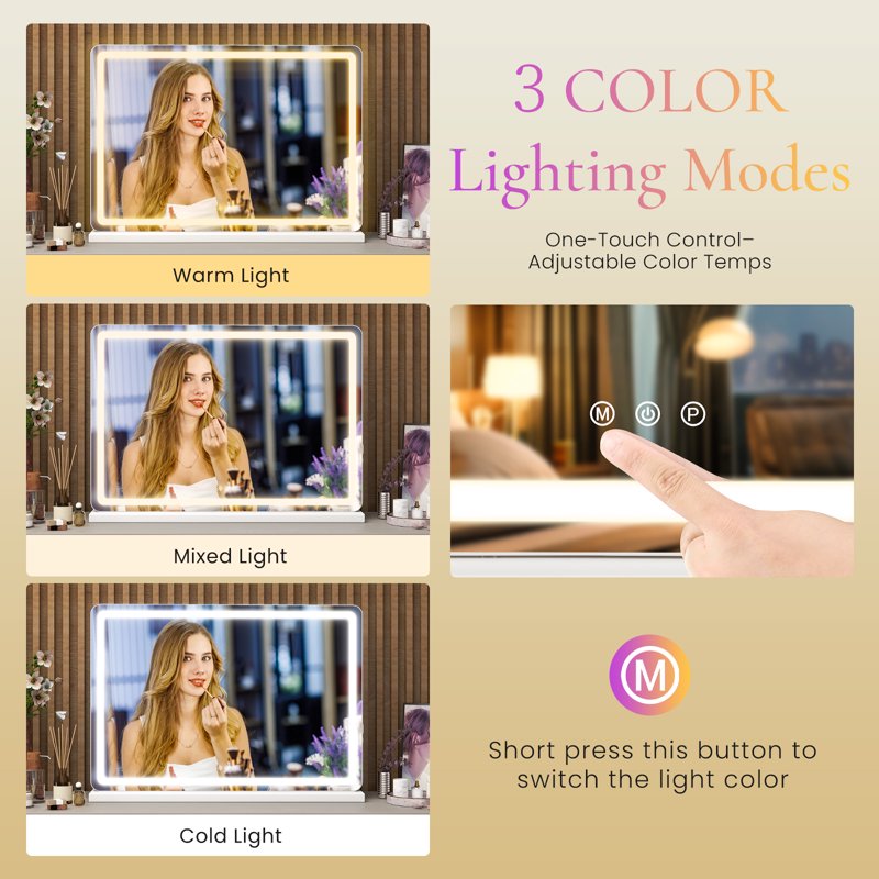 LED Vanity Mirror with Lights - Dimmable 3-Color Modes & Touch Control